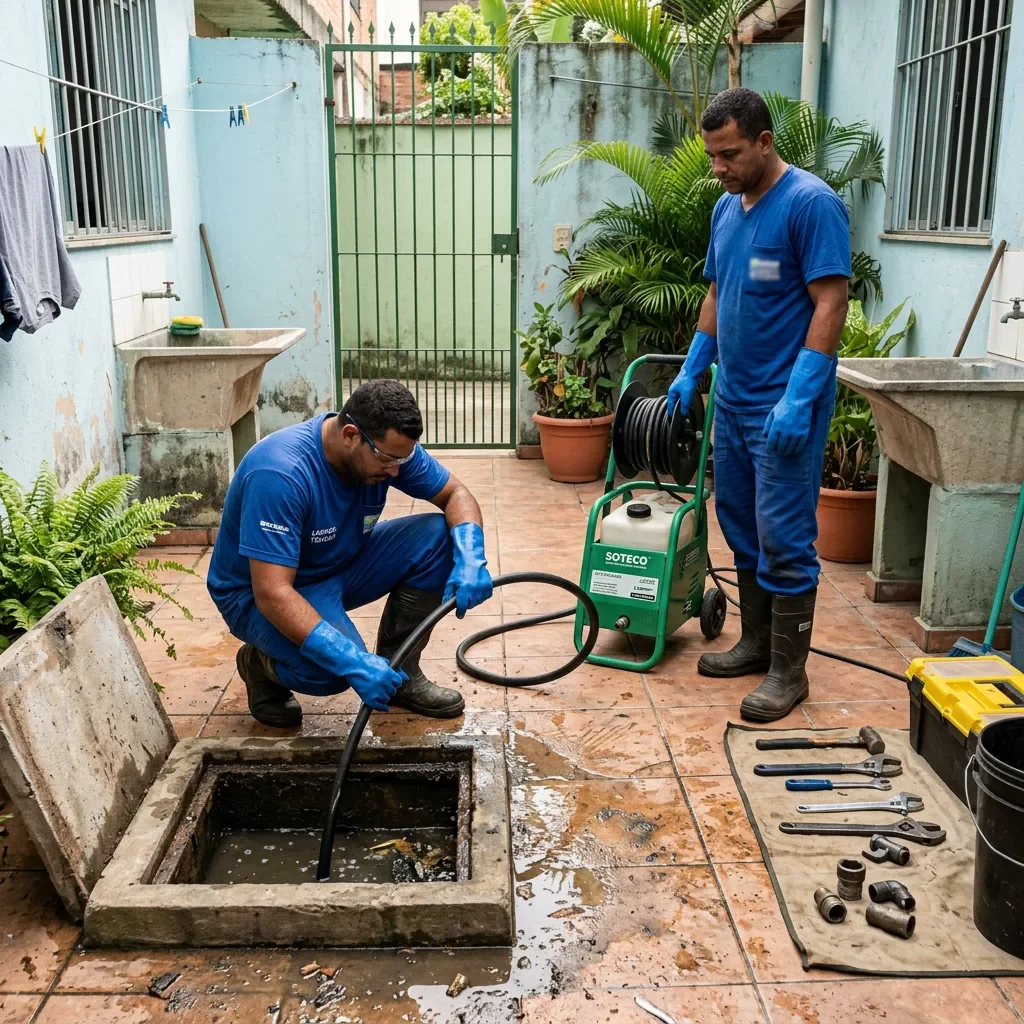 Equipe da KS realizando hidrossuccao e limpeza de caixa de gordura em residencia