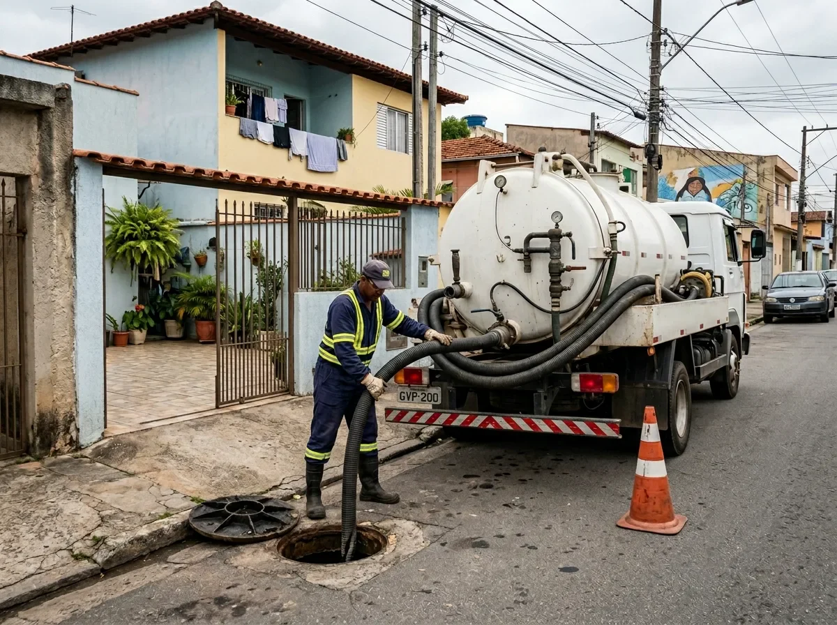 Caminhao limpa fossa da KS esgotando fossa septica em atendimento residencial em Porto Alegre