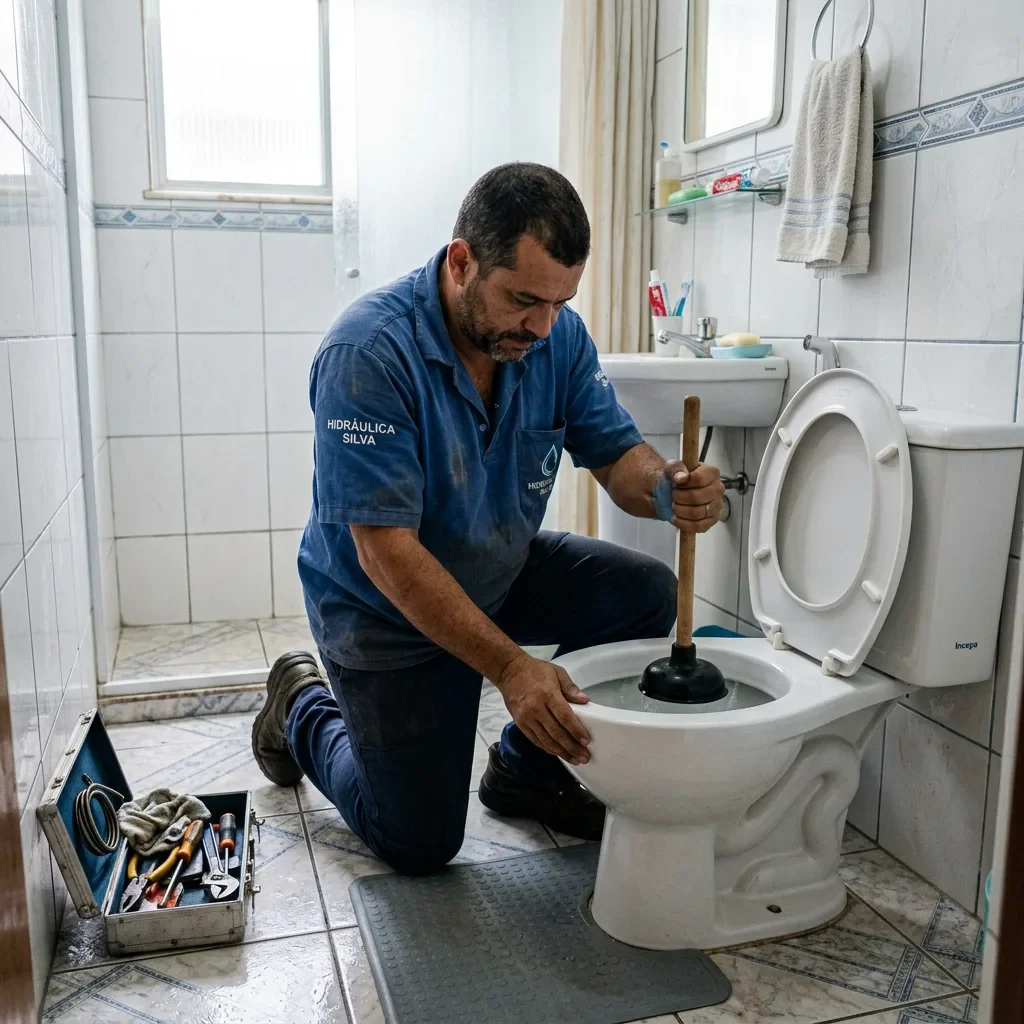 Desentupidor da KS desentupindo vaso sanitario em atendimento de emergencia 24 horas